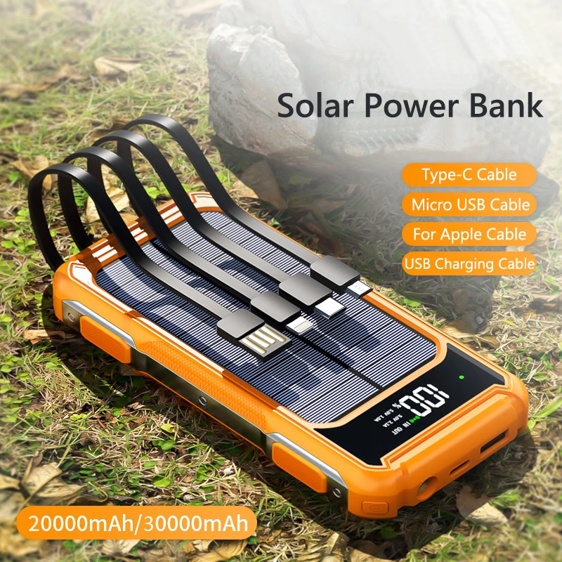 Solar Power Bank 20000mAh with 4 Cable Digital Portable Solar Charging Powerbank for iPhone 16 X Samsung Huawei Xiaomi Poverbank