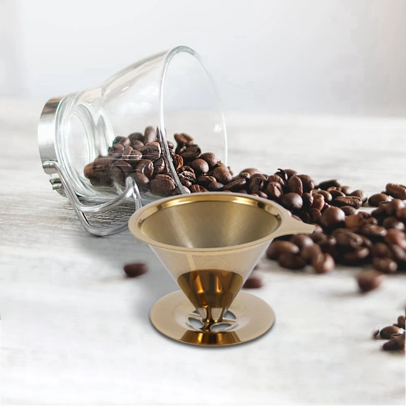 Double Wall Titanium Gold Pour Over Coffee Dripper Filter With Acacia Wooden Tray, Solid Wood Wooden Afternoon Tea Tray