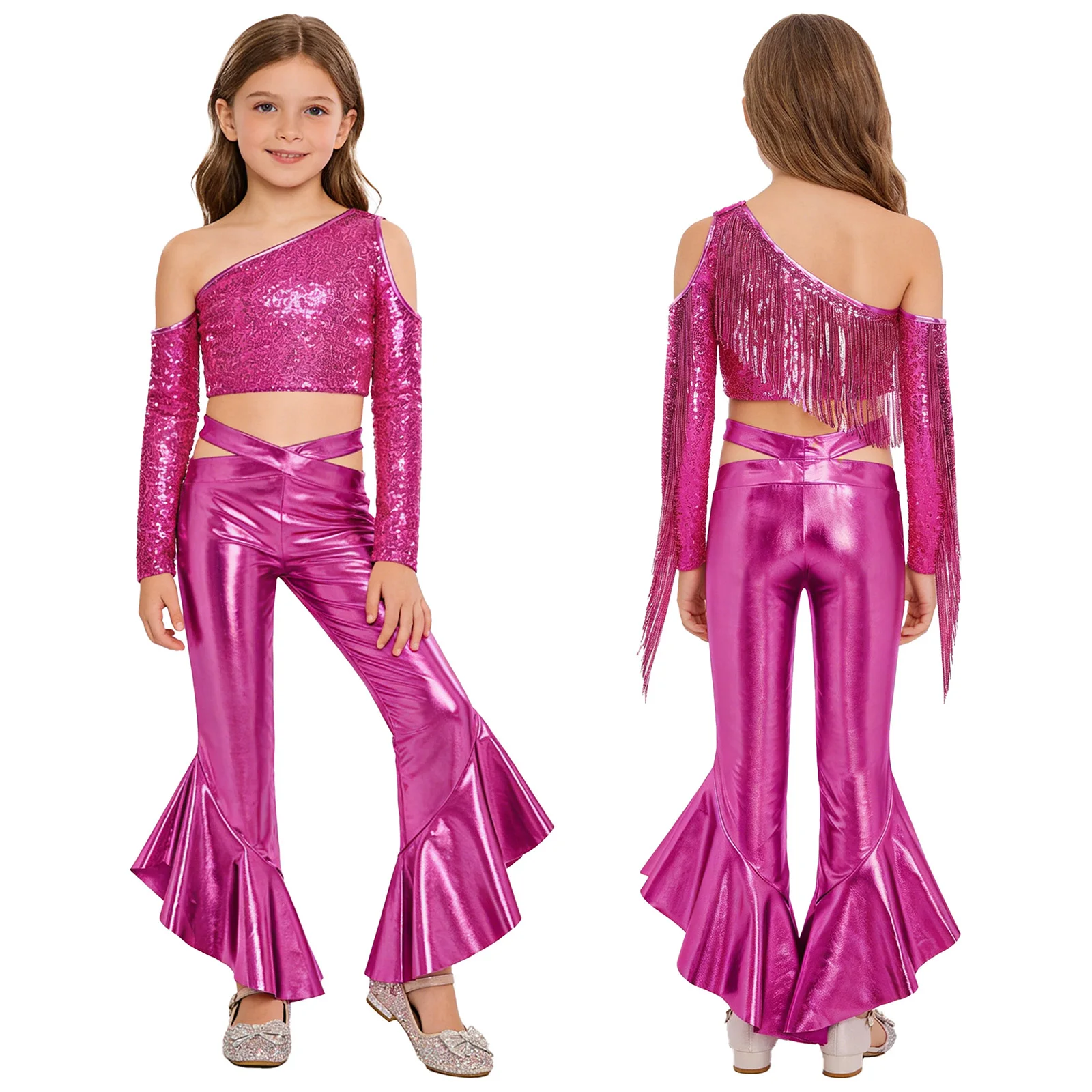 Kids Girls Movie Character Princess Costume Disco Jazz Dance Outfit Tassels Shiny Sequins Crop Top with Metallic Flared Pants