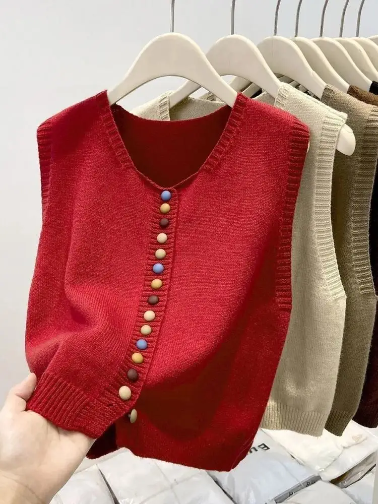 Retro Knitted Vest Women's Spring Autumn Sleeveless Sweater round Neck Color Buckle Fashionable Layering Top Commute Style