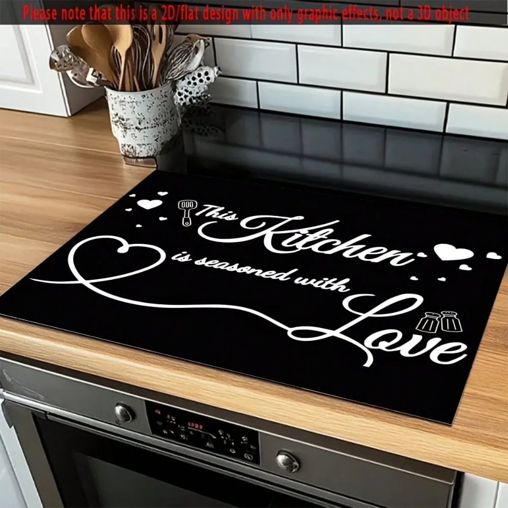 Stove Top Cover Cursive Calligraphy Typography Printed Absorbent Pad Solid Black Backdrop Heart Ribbon Line Kitchen Countertop