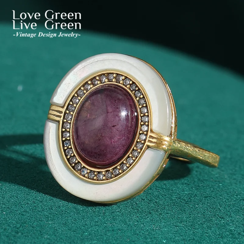 

Vintage Jewelry Boho Natural Stone Purple Rings Luxury Designer Woman Oval Rhinestones Gold Color Bohemian Valentine Day Wedding