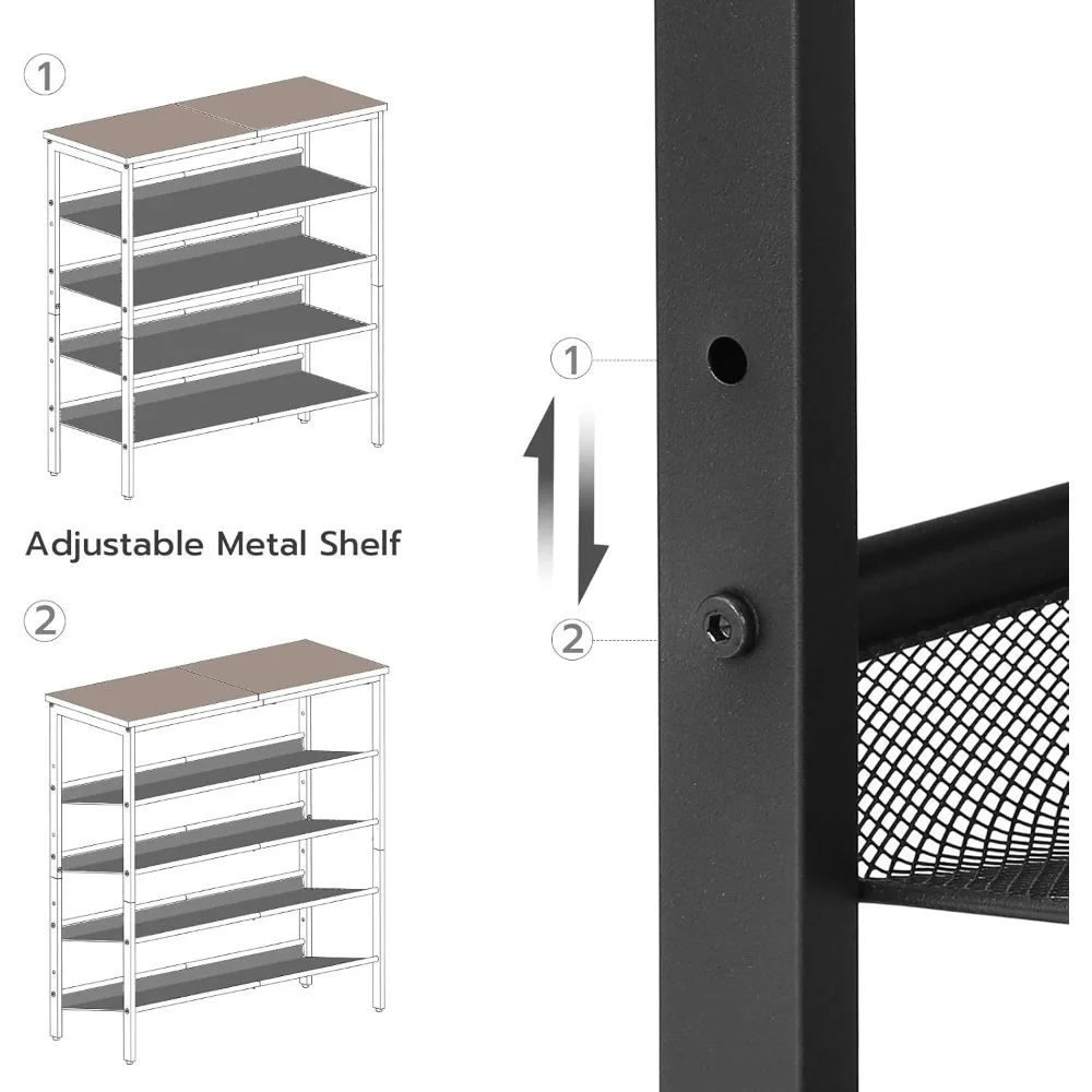 Schuhregal für den Eingangsbereich, 5-stufiger Schuh-Organizer mit verstellbaren Netzregalen, 16–20 Paar Schuhe, geräumige Bodenmontage, Metall,