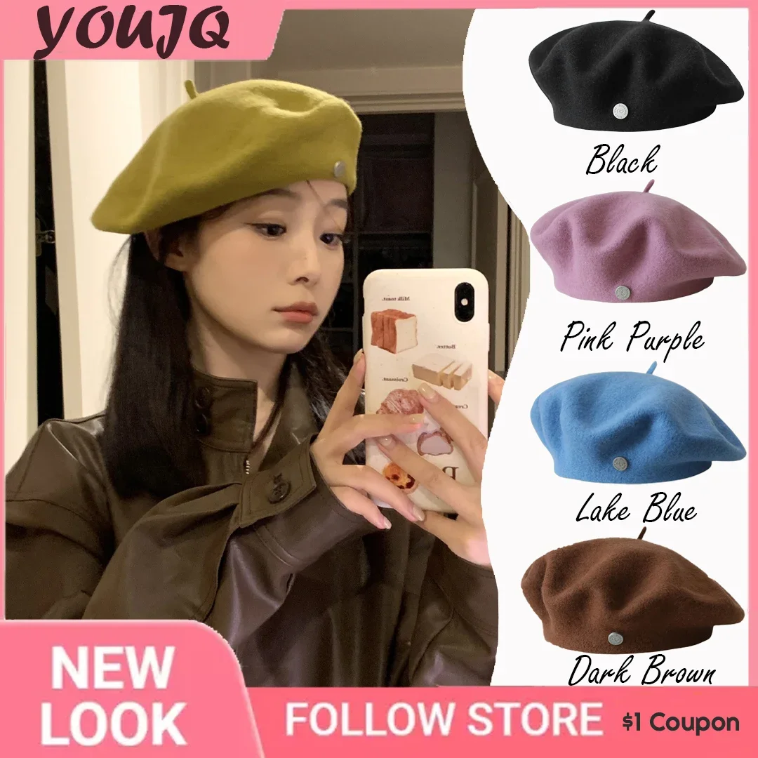 Y2K Women Wool Berets French Artist Satin Lined Winter Beanie Hat Retro Plain Beret Elegant Lady Autumn Caps Boinas Para Hombre