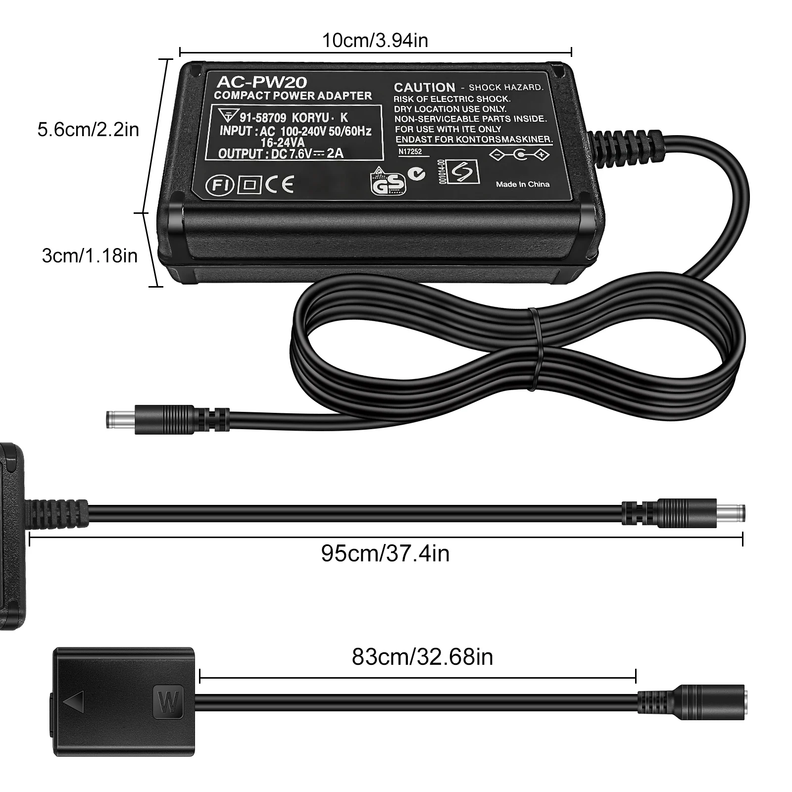 AC-PW20 AC Power Adapter NP-FW50 Dummy Battery Kit for Sony Alpha A5100 A6000 A6100 A6300 A6400 A6500 ZV-E10 A7 A7R Cameras