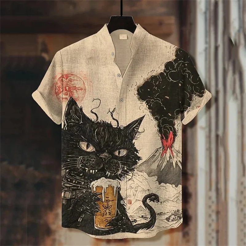 

Новая мужская новая художественная повседневная рубашка с 3D принтом милого кота, высококачественная мужская льняная рубашка с коротким рукавом, топ
