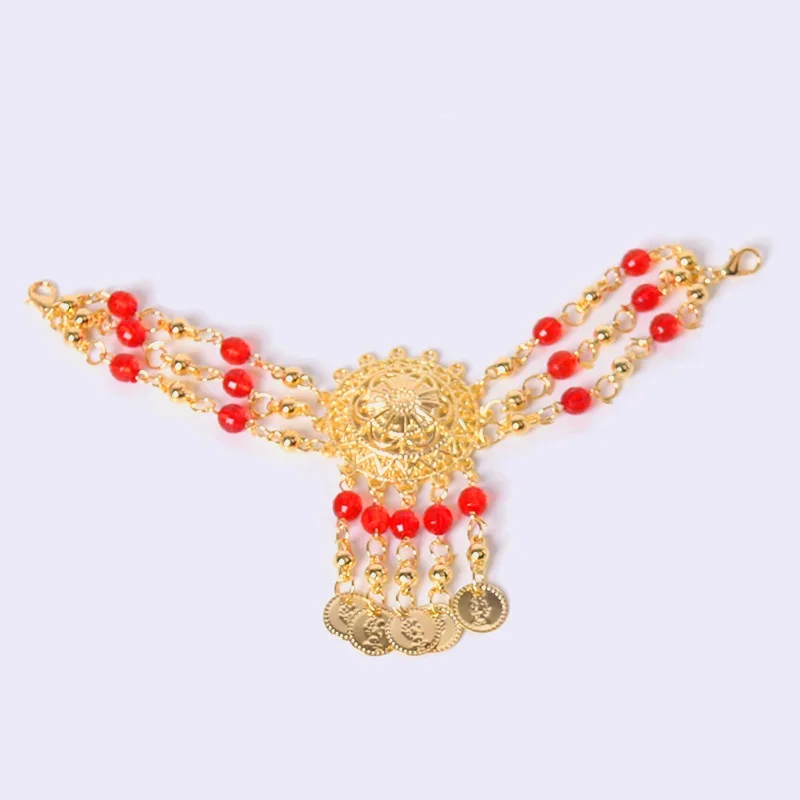 6-delige set rode strass kwastje hoofddeksels oorbellen ketting armband Indiase stijl sieradenset voor dames en kinderen