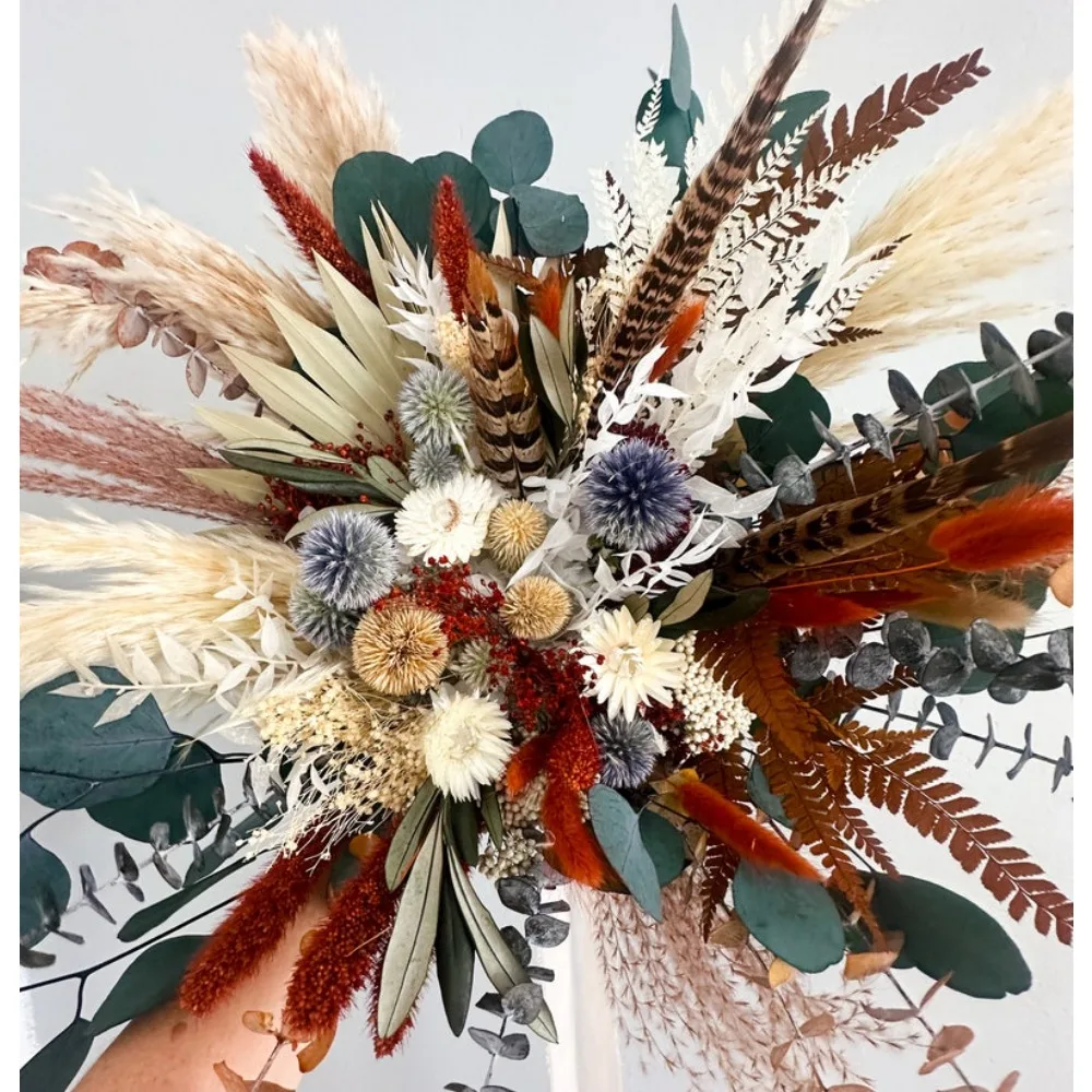 Dried Flower Bouquet,Terracotta,Dusty Blue,Pheasant Feather Bouquet,Bride and Bridesmaids,Wedding Flowers