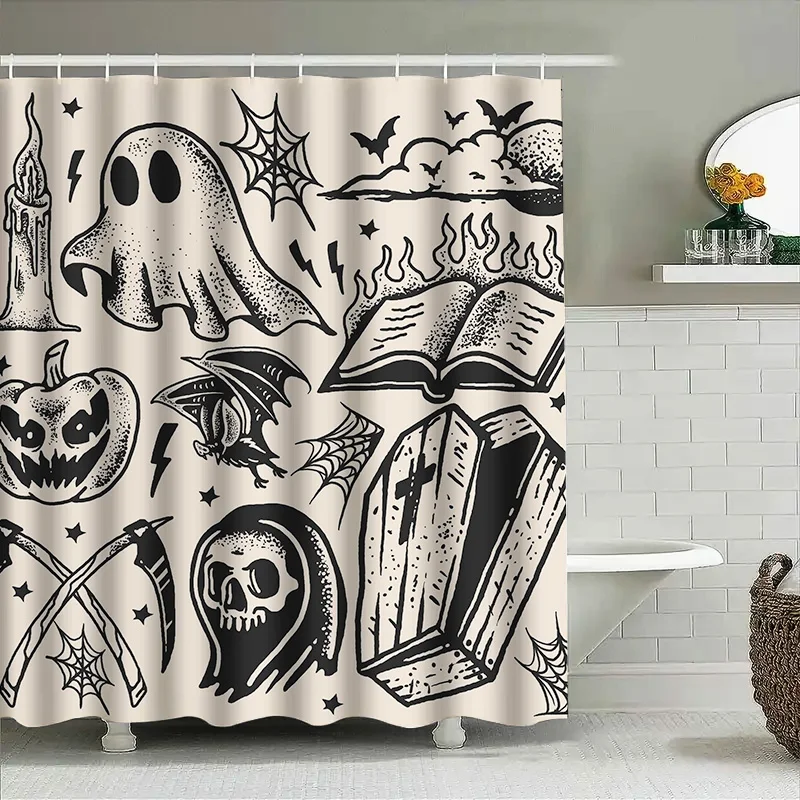 

Tuniu Halloween Ghost Bat Skull Horror Shower Curtain for Bathroom Decor Spooky Art Black White