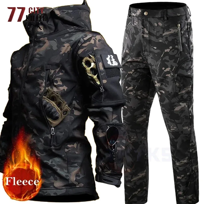 Winter Shark Skin Fleece Tactical Sets Mens Outdoor Training Combat Wear Resistant Waterproof Multi-Pockets Military Coats Male