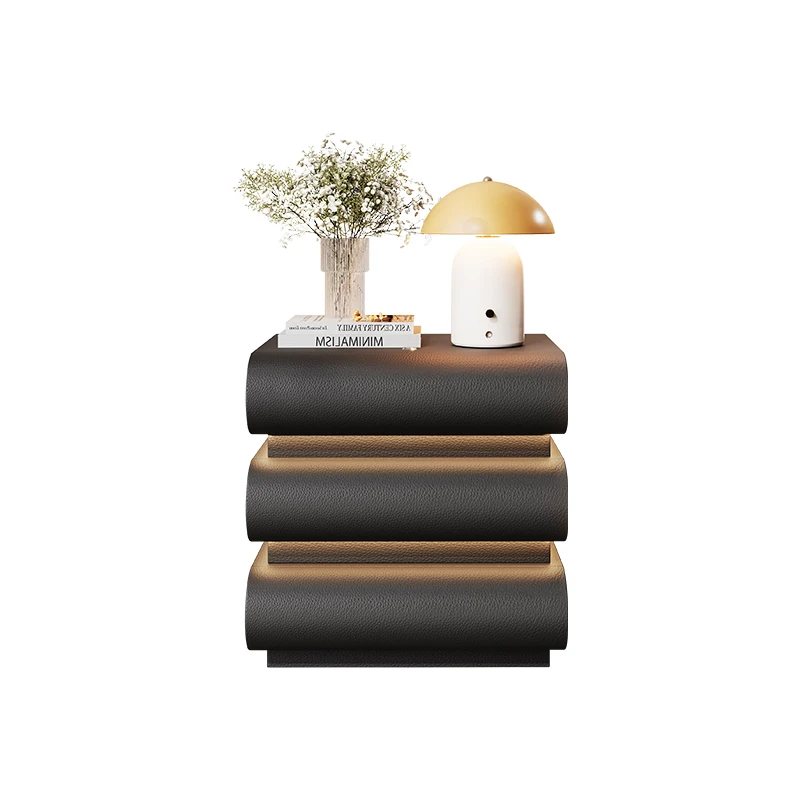 #Italian Luxury Bedroom 3-Tier Curved Spray Paint Nightstand Built-in Layered Ambient LED Light Hidden Handle Designer Bedside