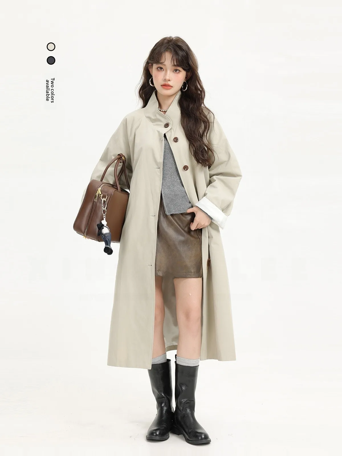 

Xinmon Early Autumn Korean Sle Briti Casual Stand Collar Women's Coat Ele Medium Length Coat Long Sve Single Button