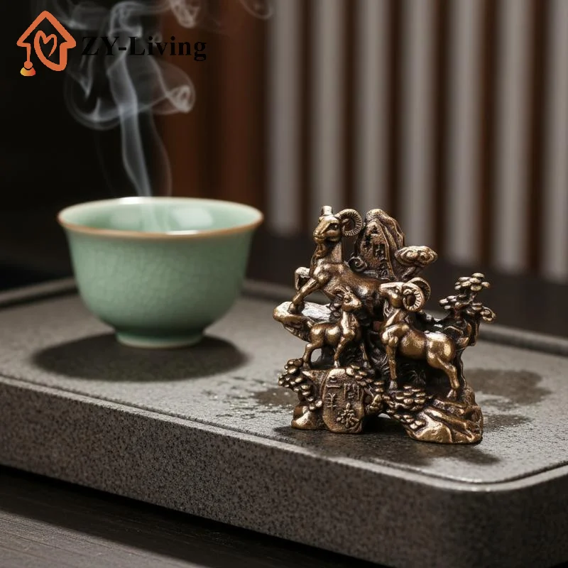 Three Rams Bring Bliss Brass Statue, Vintage Chinese Feng Shui Goat Figurine, Exquisite Carved Desktop Decor for Office Home