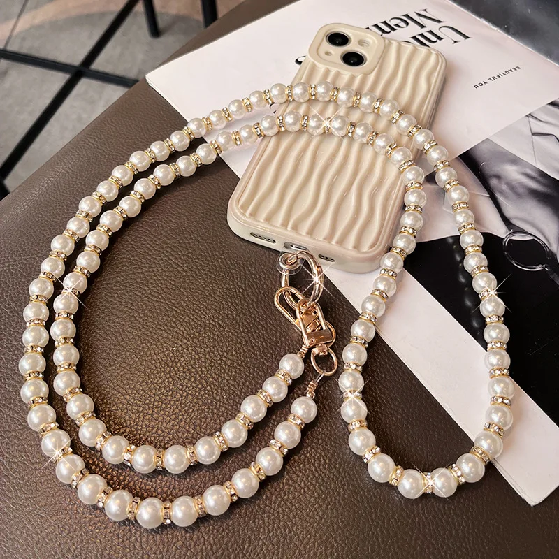 Universal Long Pearl Phone Lanyard Handmade Bead Chain Single Shoulder Crossbody Style Trendy and Fashionable With Rhinestones