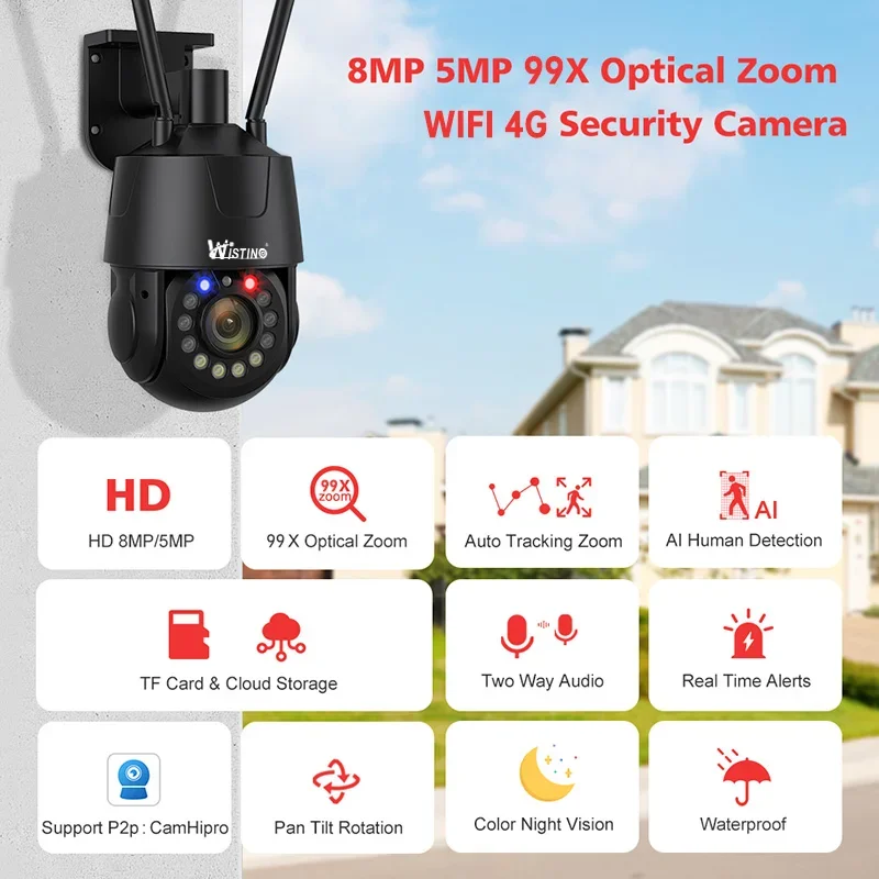 Wistino 8MP في الهواء الطلق 99X التكبير UHD كاميرا متحركة كشف الحركة اللون للرؤية الليلية قبة معدنية كاميرا مراقبة تعمل بالواي فاي