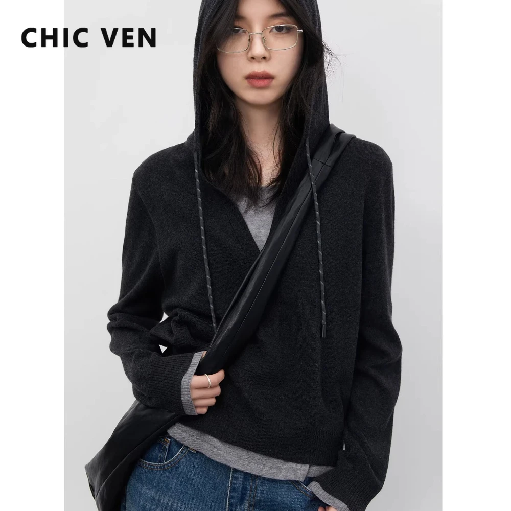 

CHIC VEN New Women Sweaters Black Loose Casual Pullovers Contrast Color Hooded Knitting Girl Tops Spring Autumn 2026 Clothes