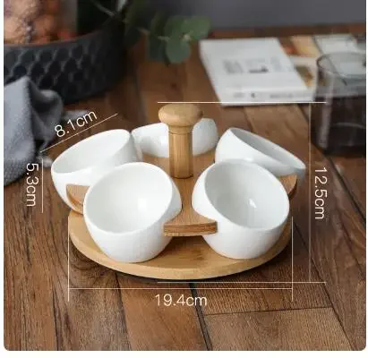 Ceramic Snack Platter Wooden Stand Rotatable Tray 5 Grids Dried Fruit Plate Bowl Afternoon Tea Dishes