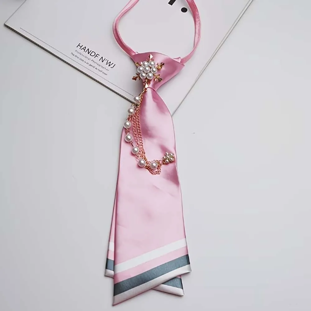 No-Sew Design Beaded Floral Necktie Pearl Chain Decoration Satin Material Double Layer Necktie Double Layer JK Uniform Tie