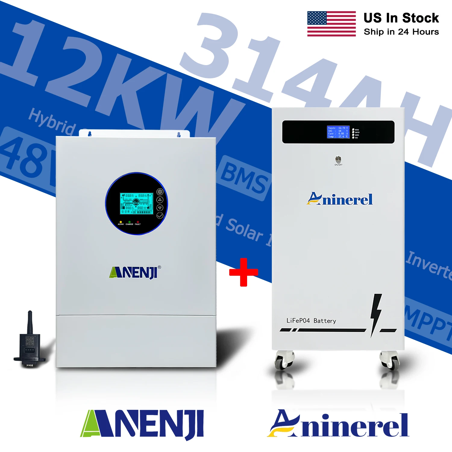 ANENJI 48V Inverter+Battery Sets Split Phase 12KW 48V Hybrid Solar Inverter Built-in Dual 200A MPPT 120/240VAC Aninerel 314AH 15Kwh LiFePO1 Battery Built-in BMS US In Stock