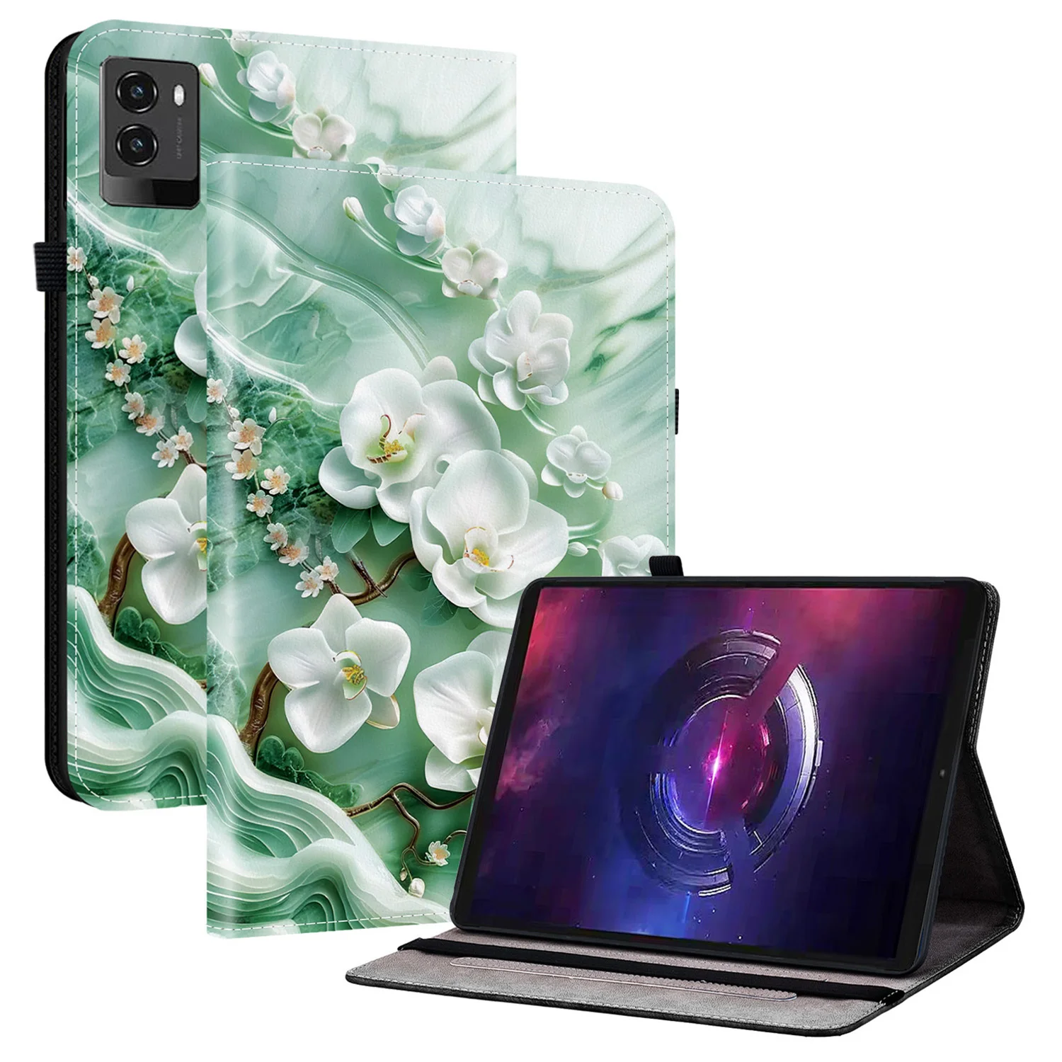 

For Lenovo Legion Y700 (2025) Leather Case Pattern Printed Stand Tablet Cover with Card Slots - Jade Flower