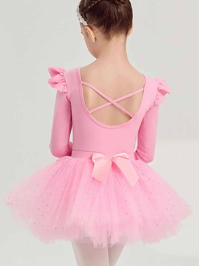 Ballett-Trikots für Kleinkinder mit Glitzer-Tutu, 4-lagig, mit Schleife, kurze und lange Ärmel, Ballerina-Tanzkostüme, Gymnastik
