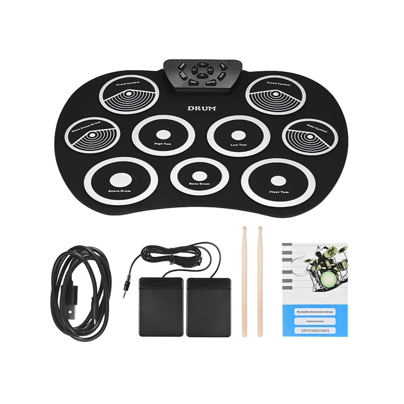 Portable Electronics Drum Set Roll Up Kit 9 Silicone Pads USB Powered With Foot Pedals Drumsticks Cable