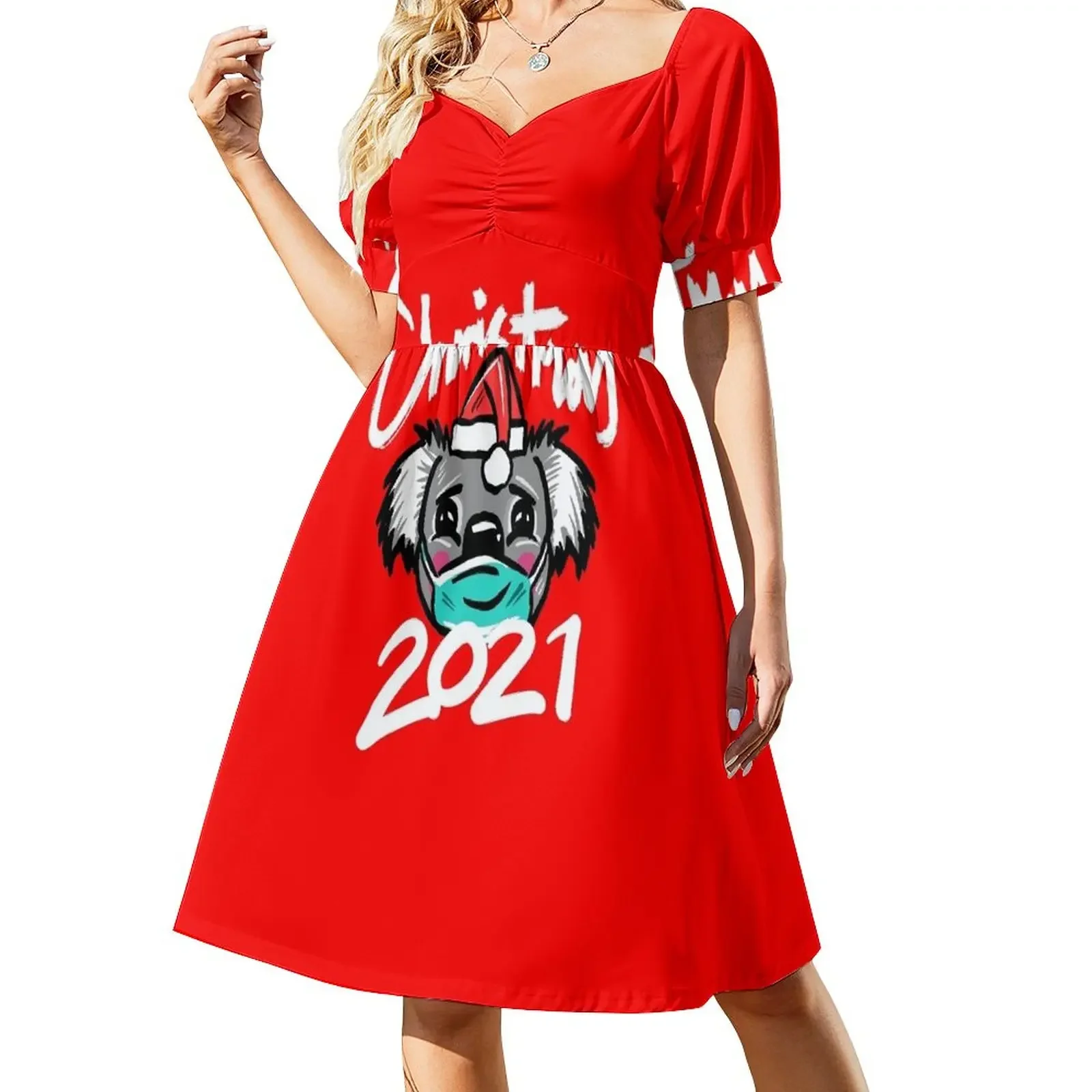 

Australian Christmas 2021 T-Shirt, Christmas Koala Tee with Aussie Koala wearing a Face Mask and Christmas H Short-Sleeved Dress