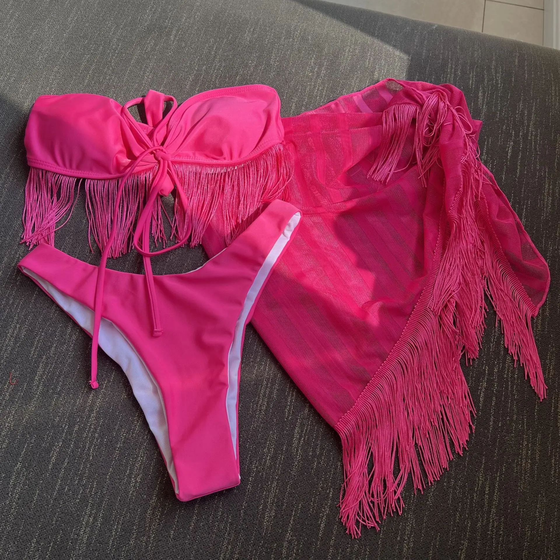 

sexy tassel bandeau bikinis sets three pieces with mesh striped cover skirt bathing suit swimwear beach wear swimsuits biquini