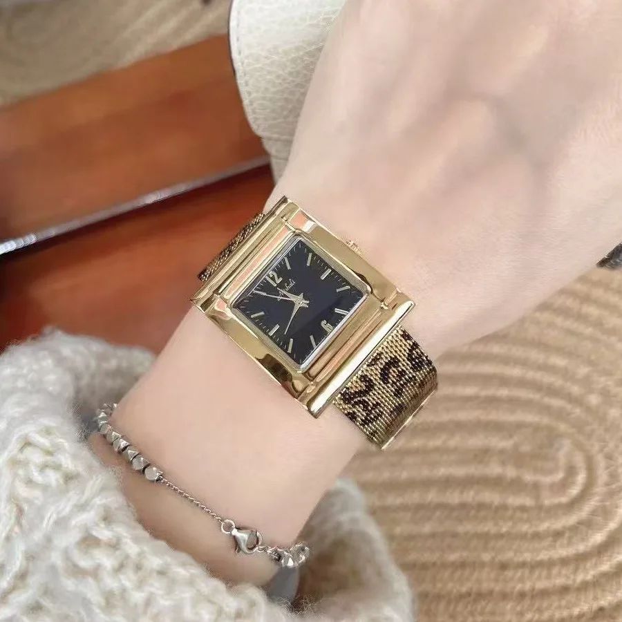 女性クォーツ時計-mujer-リロイヴィンテージゴールドブラックスクエア長方形ヒョウ波バンド時計レディース-orologio-女の子新しい腕時計