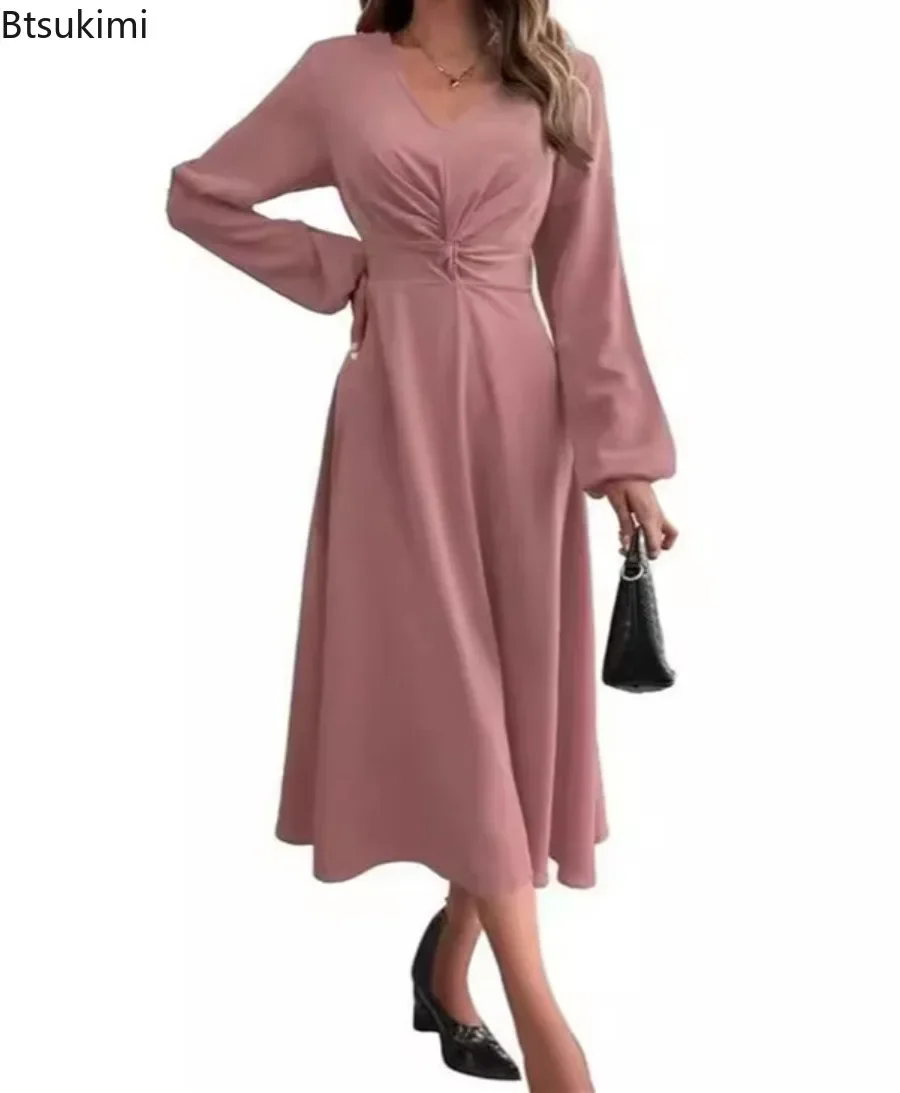 Women's Autumn Winter Dresses Sexy Elegant Long Skirt French V-neck Temperament Commuter A-line High-waisted Dress Evening Gown