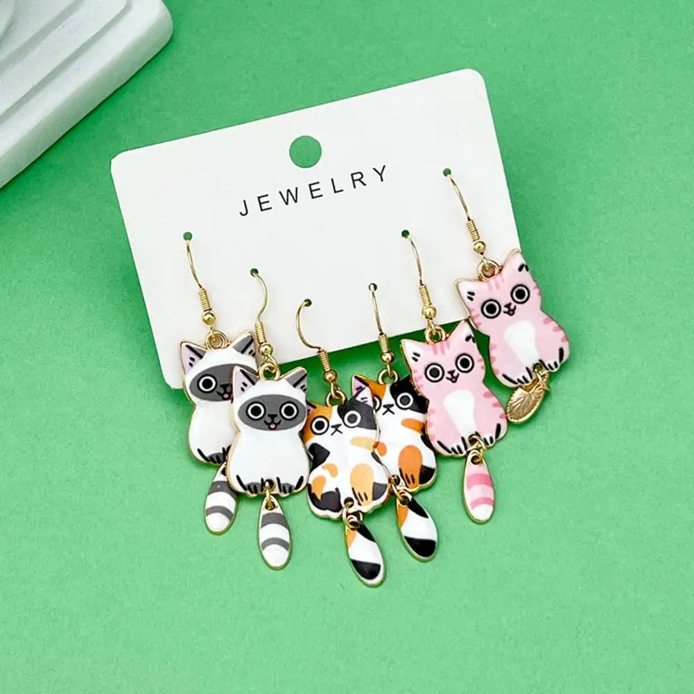 Women Daily Earrings Cat Lover's Delight 3 Pairs of Cute Cartoon Cat Dangle Earrings for Daily Wear Parties Animal for Women