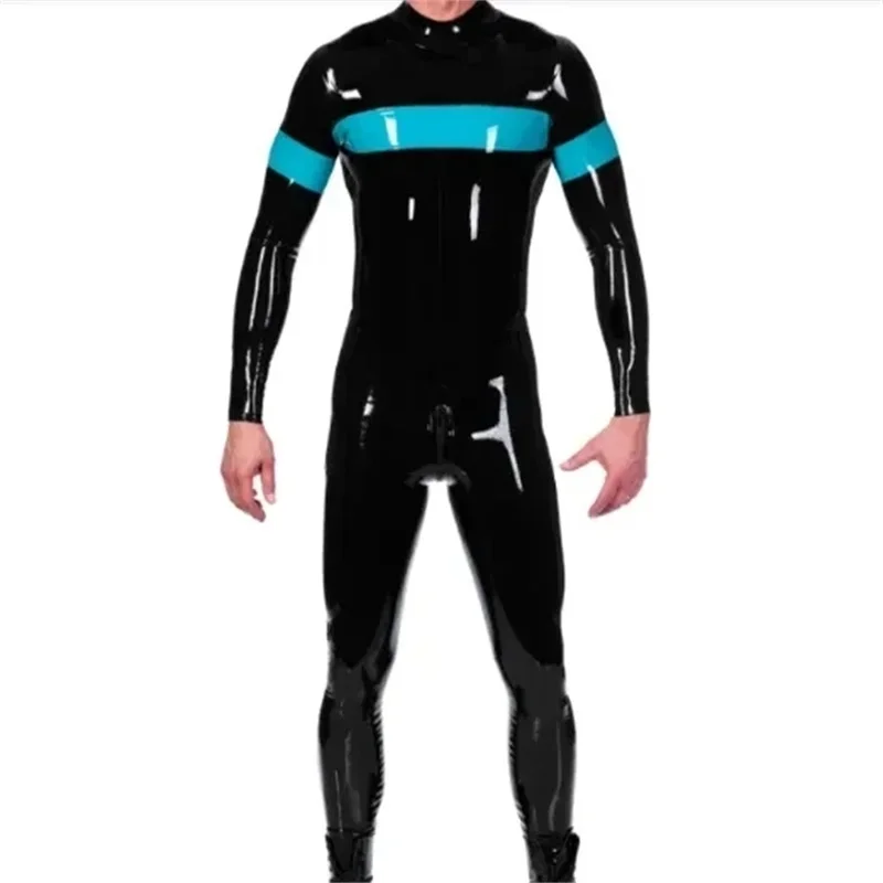 Handmade Latex Catsuit with Back Zipper Black with Blue Bodysuit for Men