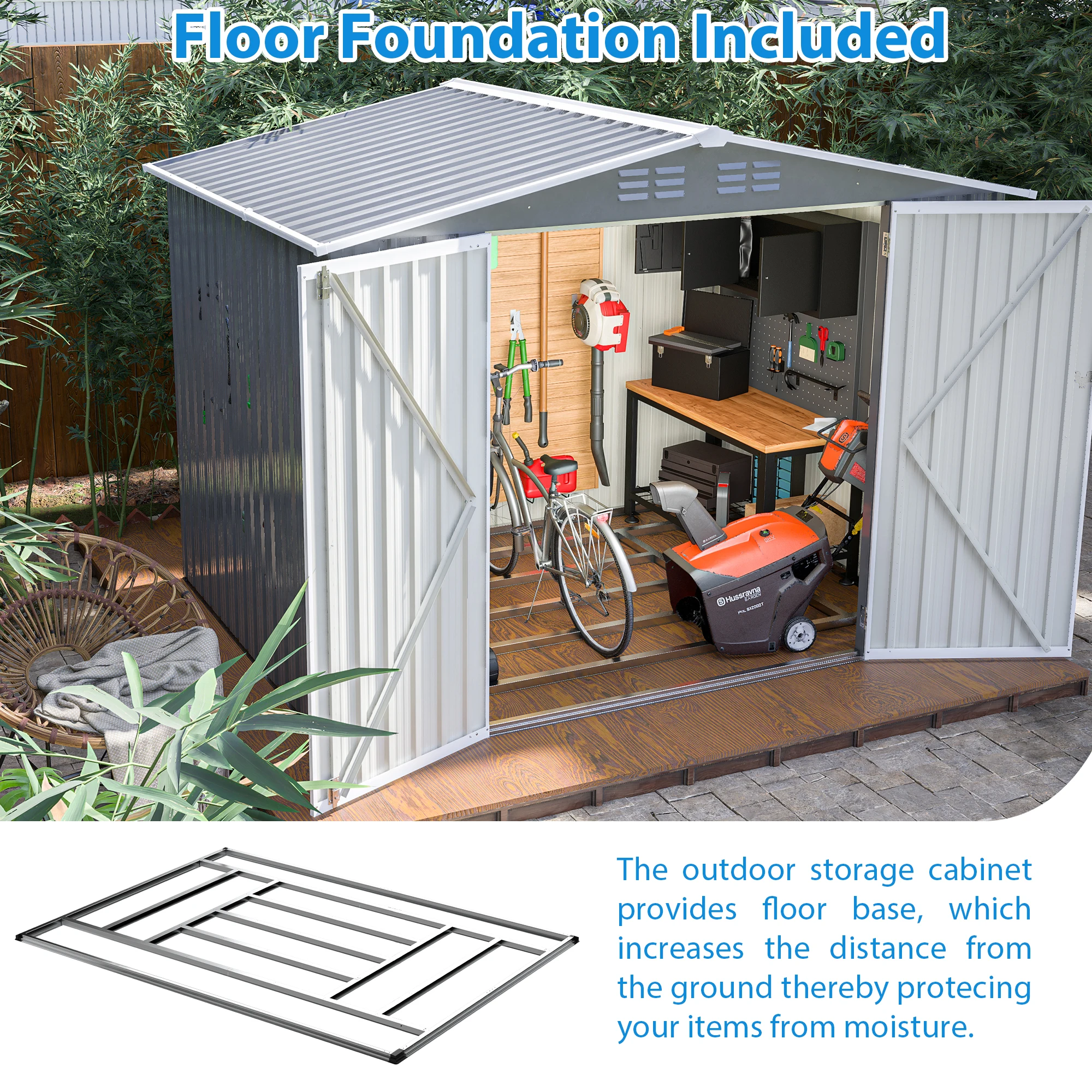 

8 x 6 FT Outdoor Storage Shed, Metal Garden Shed with Floor Frame, Tool Shed Outdoor Storage with Lockable Hinged Doors & Air Ve