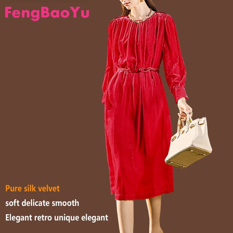 Fengbaoyu Velvet Autumn Winter Lady's Long-sleeved Dress with Loose Round Collar to Keep Warm Dresses for Women Luxury Designer