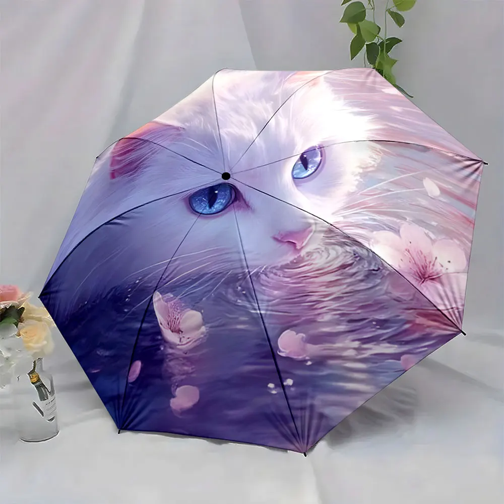 1PC Lovely Cat Design Umbrella with Floral Details Print 8 Iron Ribs Folding Umbrella Auto-Open Fashion Sunshade