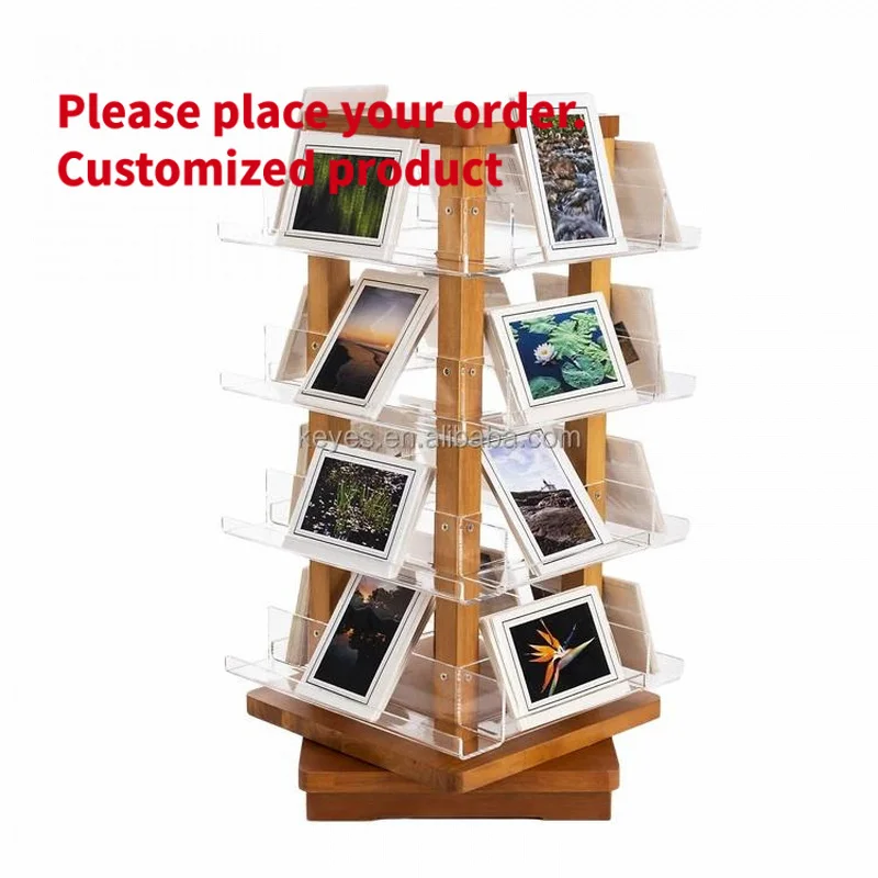 custom.Modern Eco-Friendly Rotating Greeting Card Display Rack Wood Frame Acrylic Pockets Easy Assembly Customizable Size Co