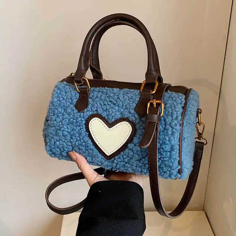 Women Love Design Lamb Wool Plush Bag Autumn Winter New Crossbody Bag  Fashion Splicing PU Handheld Commuter Small Square Bag