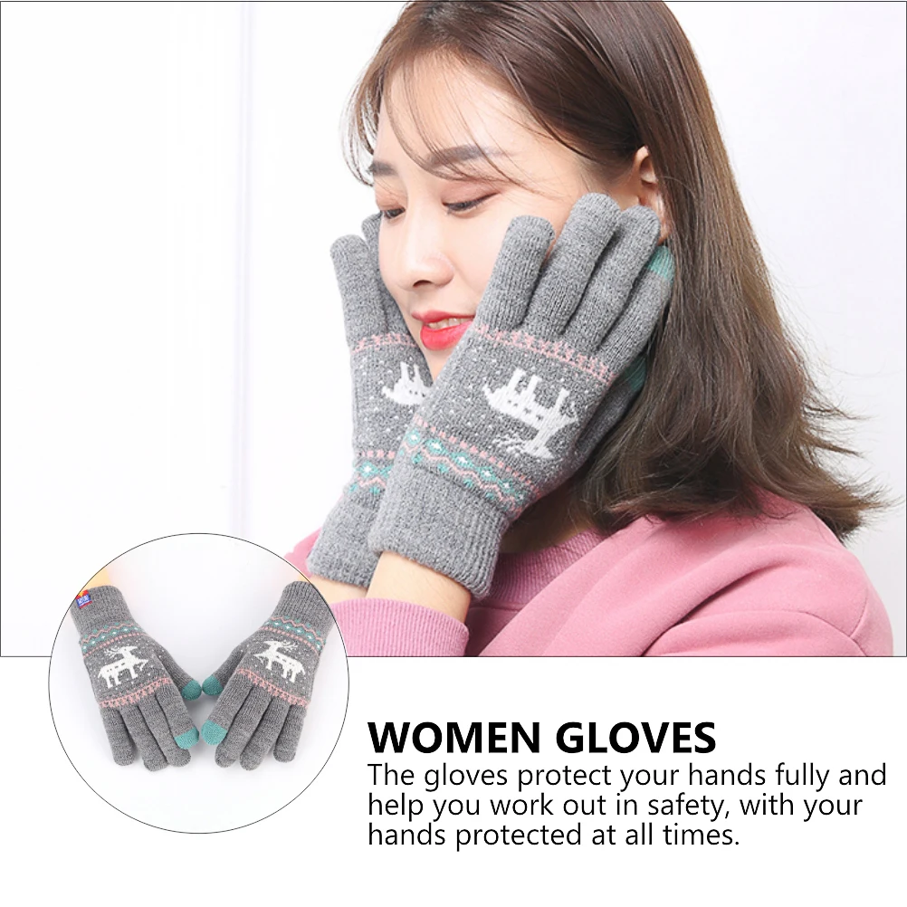 1Pair Touch Screen Compatible Gloves Winter Warm Knitted Full Finger for Women Thermal Hands Protection Christmas Design