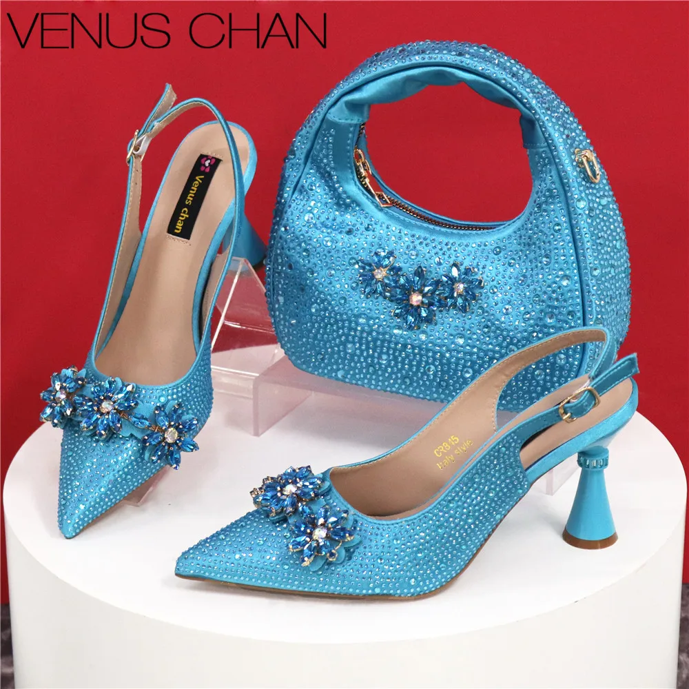 Newest Designer Specials Italian Women Heels Shoes and Bag Set Royal SkyBlue Color Comfortable With Rhinestone for Party