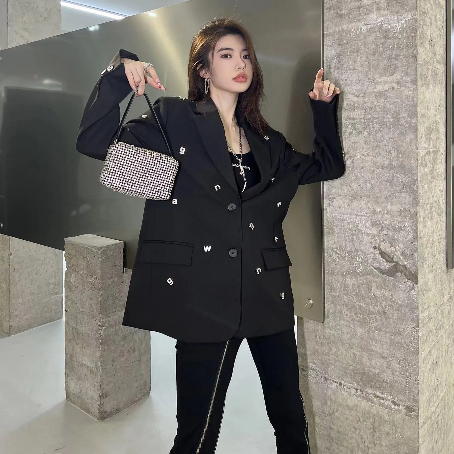 Light Luxury Diamond Letters Fashion Woman Blazer 2023 Elegant Ladies Suit Jacket Club Party Long Sleeve Female Suit Outwear Top