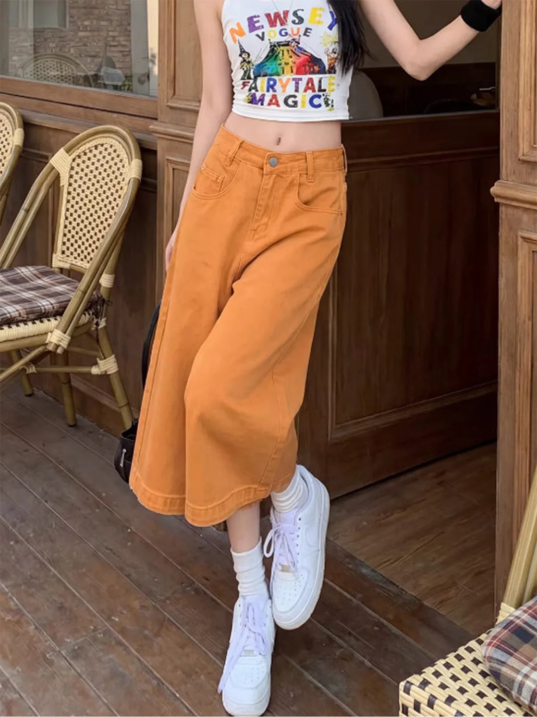

Summer New plus Size Washed Orange Loose Retro Slimming Small Seven Denim Jeans Women Wide Leg Jeans Loose Fit Natural Waist
