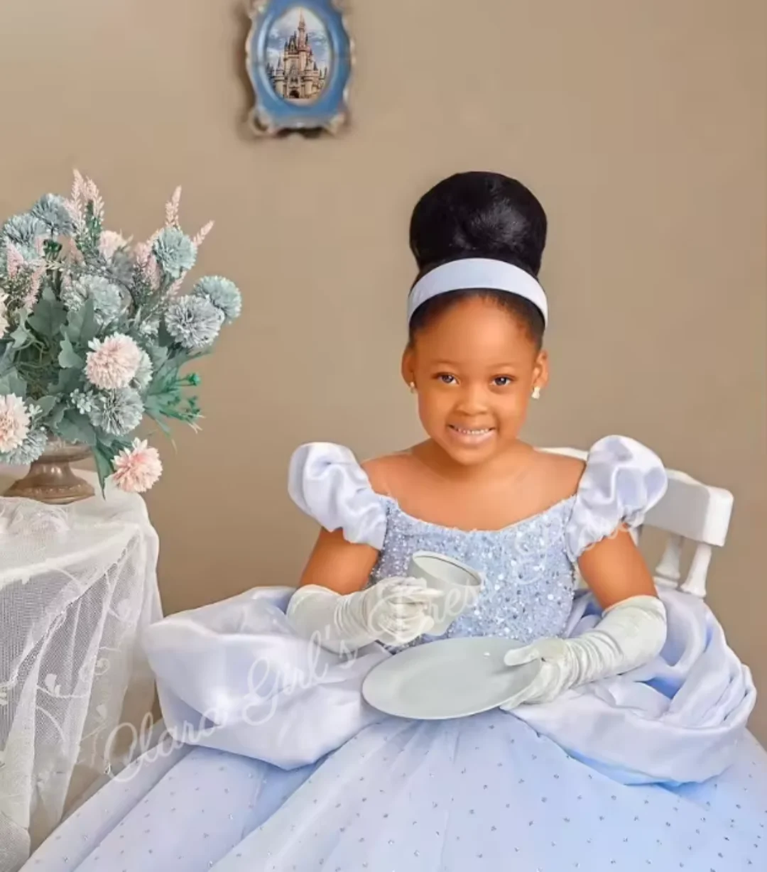 Robe de soirée à fleurs bleu clair pour filles, tenue de soirée à paillettes, col rond, ourlet Long, pour fête d'anniversaire, première Communion