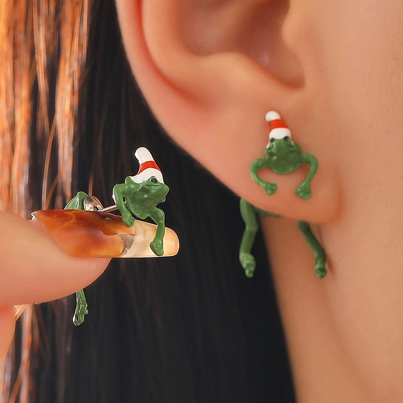 Funny Piercing Frog Earrings for Women Creative Cute Animal Green Frog Christmas Hat Stud Earring Girls Party Daily Jewelry Gift