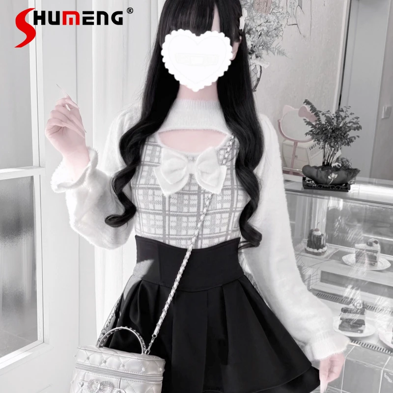 

Japanese Cute Girls Sweet Lolita Sweater Autumn New Women's Mine Mass-Produced Cute Bow Slim-Fit Knitted Pullover Top Skirts