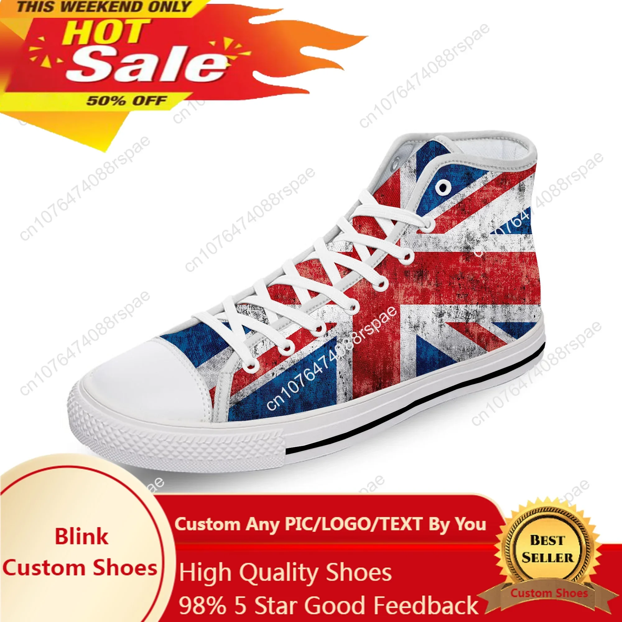 

Britain British UK Flag Union Jack White Cloth Fashion 3D Print High Top Canvas Shoes Men Women Lightweight Breathable Sneakers