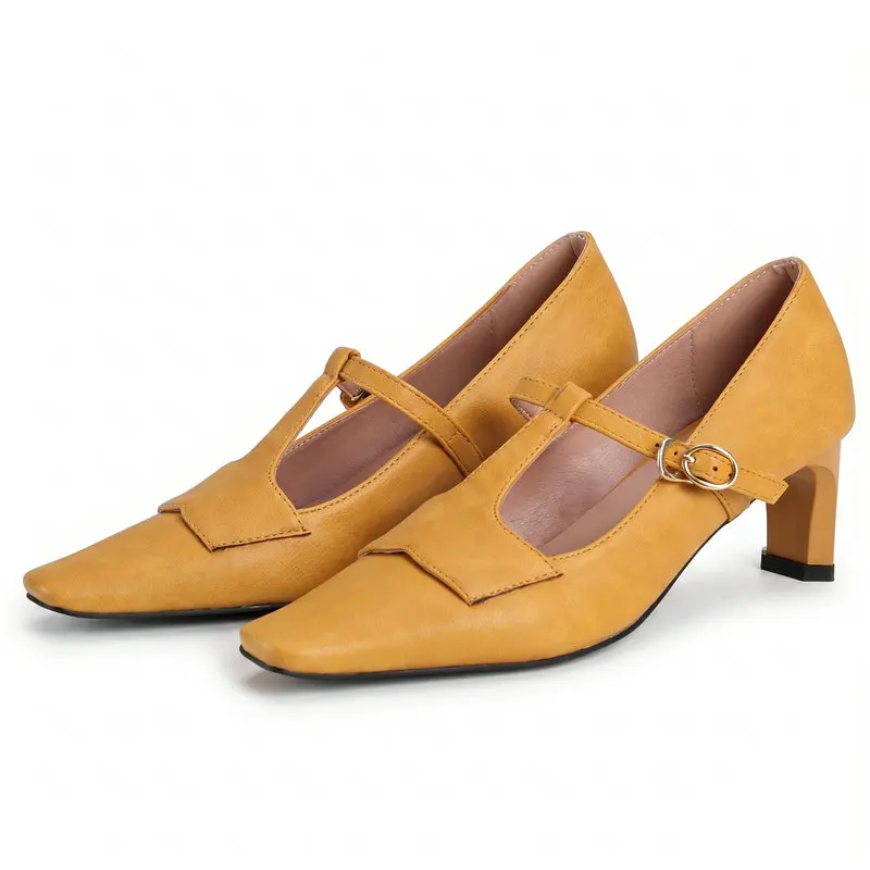 

Mature Pointed Closed Toe Yellow Black Thick High Heeled Women Pumps Spring Fall Shoes Office Lady Career Mary Janes Heels