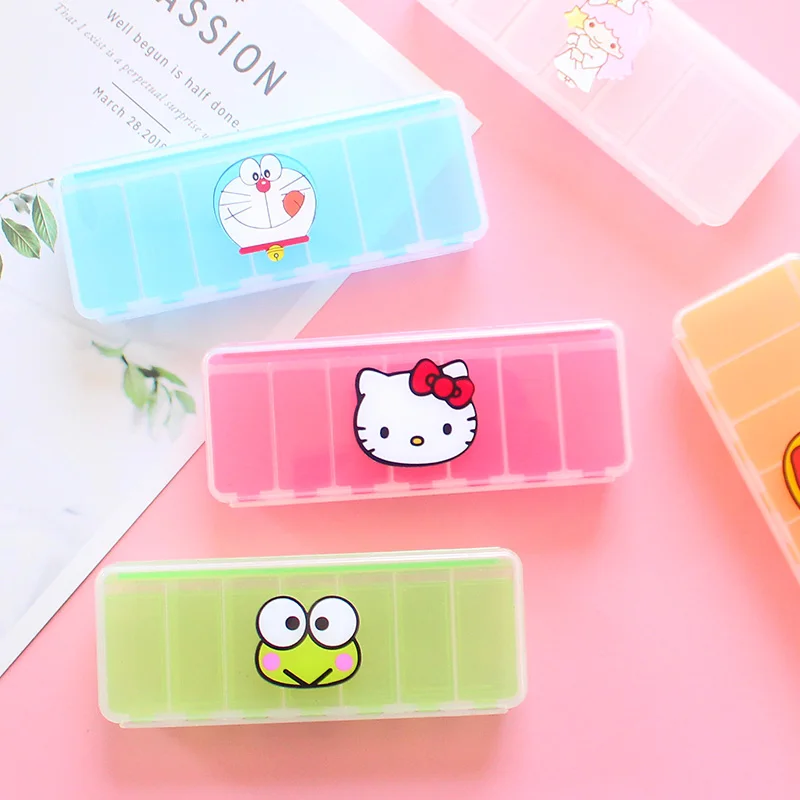 Kawaii Hello Kitty Weekly Pill Box Sanrioed Little Twin Star Keroppi Pill Case Travel Medicine Storage Drug Dispenser