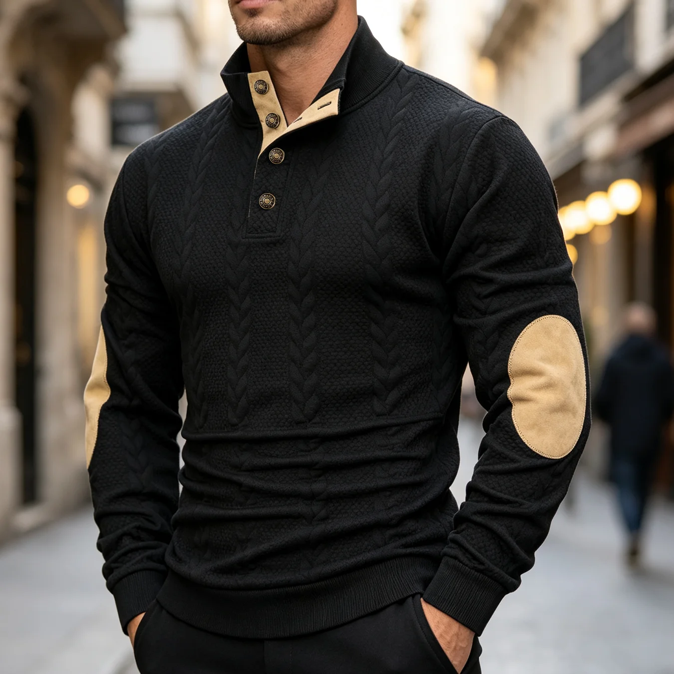 Men Stand Collar Cable Knit Pullover Sweatshirt Classic Button Placket Elbow Patches Soft Comfortable For Daily Wear
