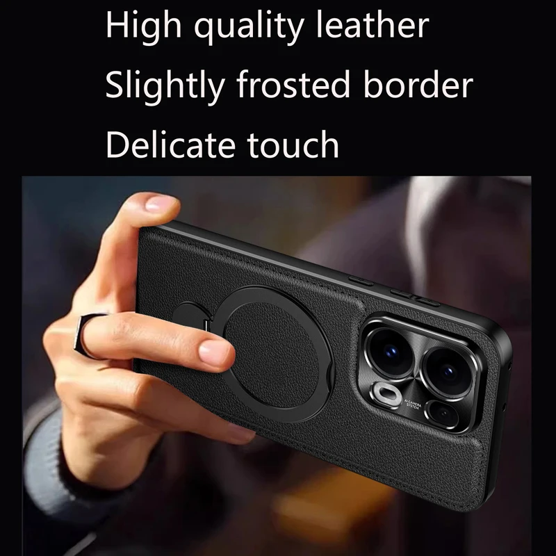 

Metal Ring Holder Magnetic Wireless Charging Back Cover Cases For OPPO Reno 14 13 Pro 5G Anti-Drop Silicone Leather Phone Case