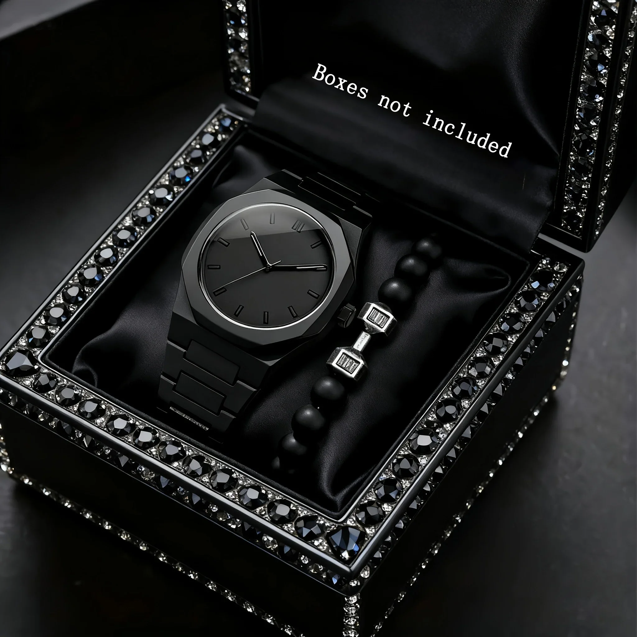 2pcs Fashion Men Business Watches Casual Plastic Band Male's Quartz Wristwatch Beads Bracelet Set Reloj Hombre（Without Box）